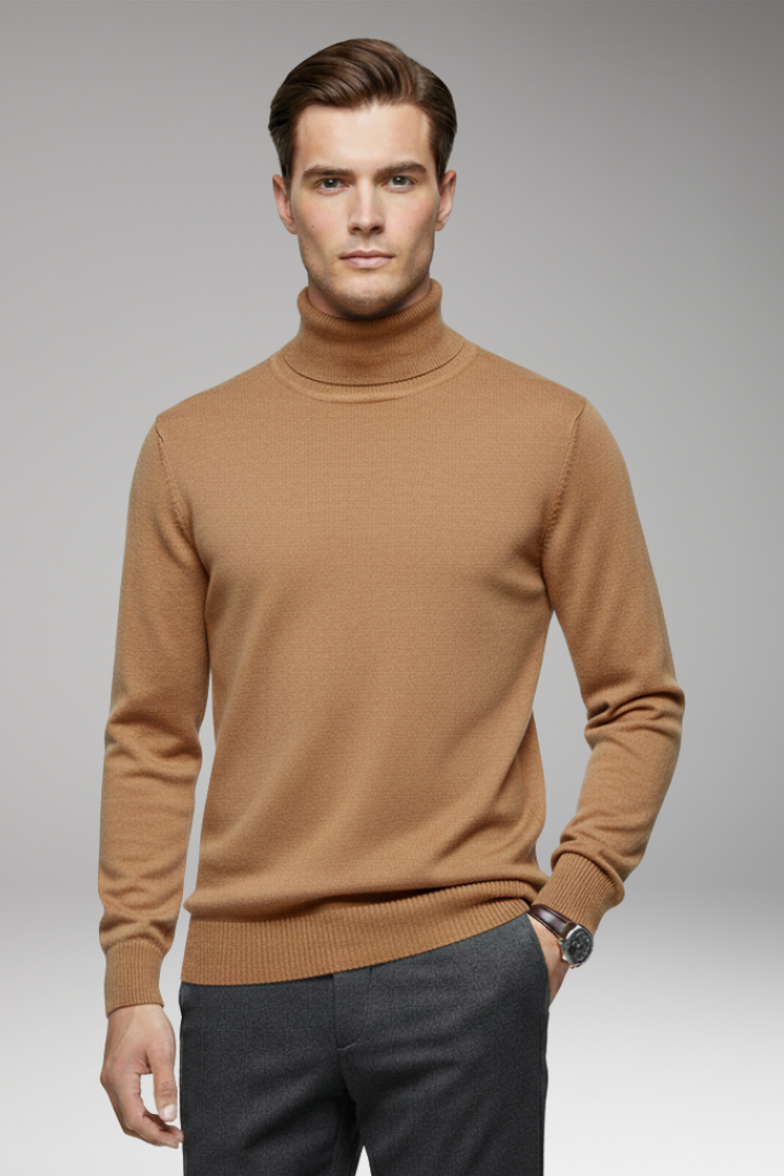 Men's Turtleneck Sweater with Ribbed Cuffs and Ribbed Hem