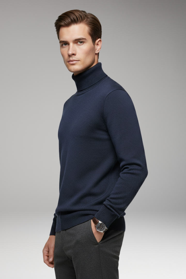 Men's Turtleneck Sweater with Ribbed Cuffs and Ribbed Hem