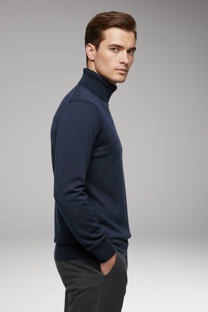 Men's Turtleneck Sweater with Ribbed Cuffs and Ribbed Hem