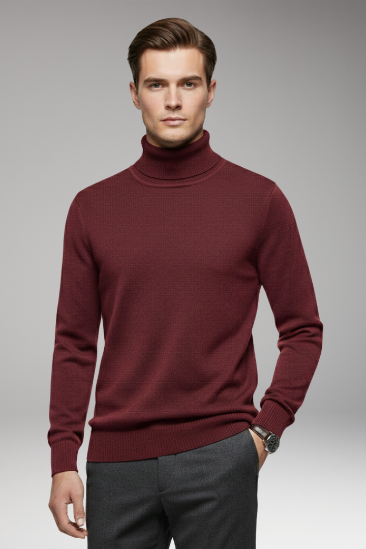 Men's Turtleneck Sweater with Ribbed Cuffs and Ribbed Hem