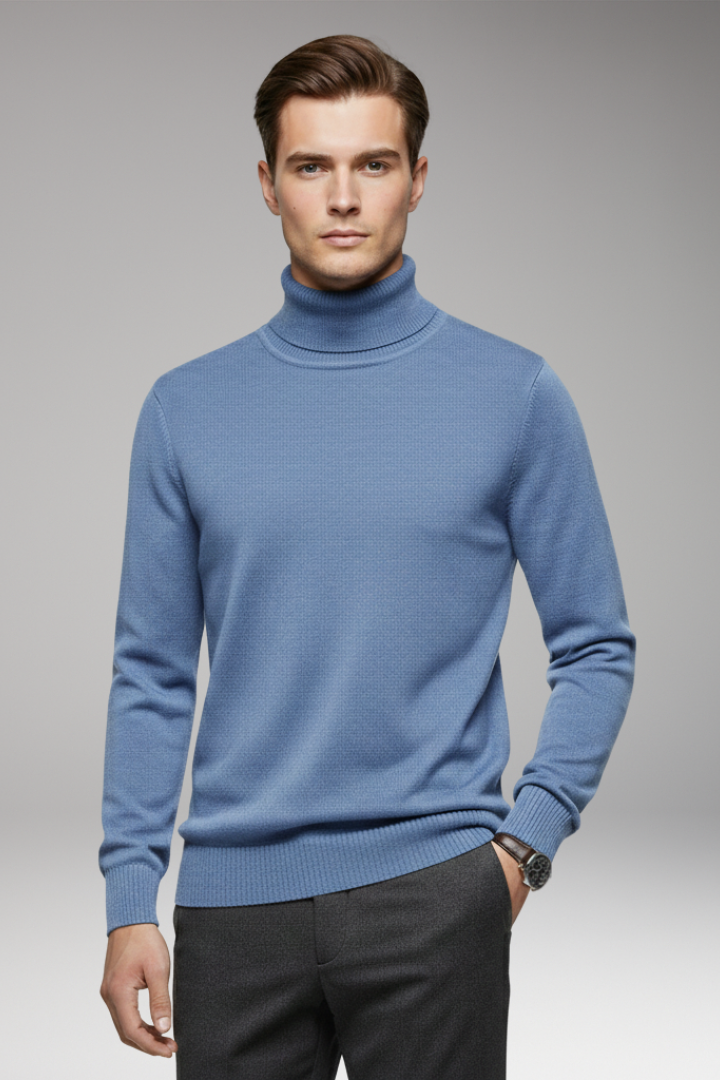 Men's Turtleneck Sweater with Ribbed Cuffs and Ribbed Hem