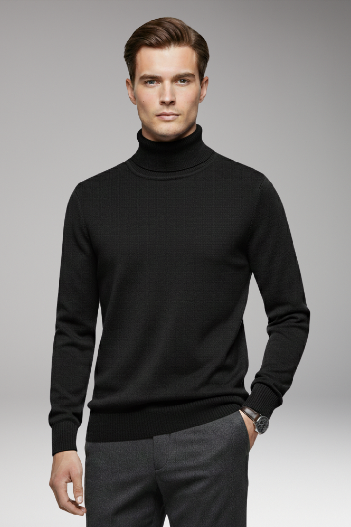Men's Turtleneck Sweater with Ribbed Cuffs and Ribbed Hem