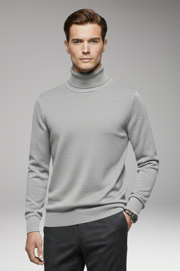Men's Turtleneck Sweater with Ribbed Cuffs and Ribbed Hem