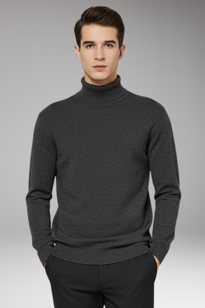 Men's Turtleneck Sweater with Ribbed Edges and Plain Surface