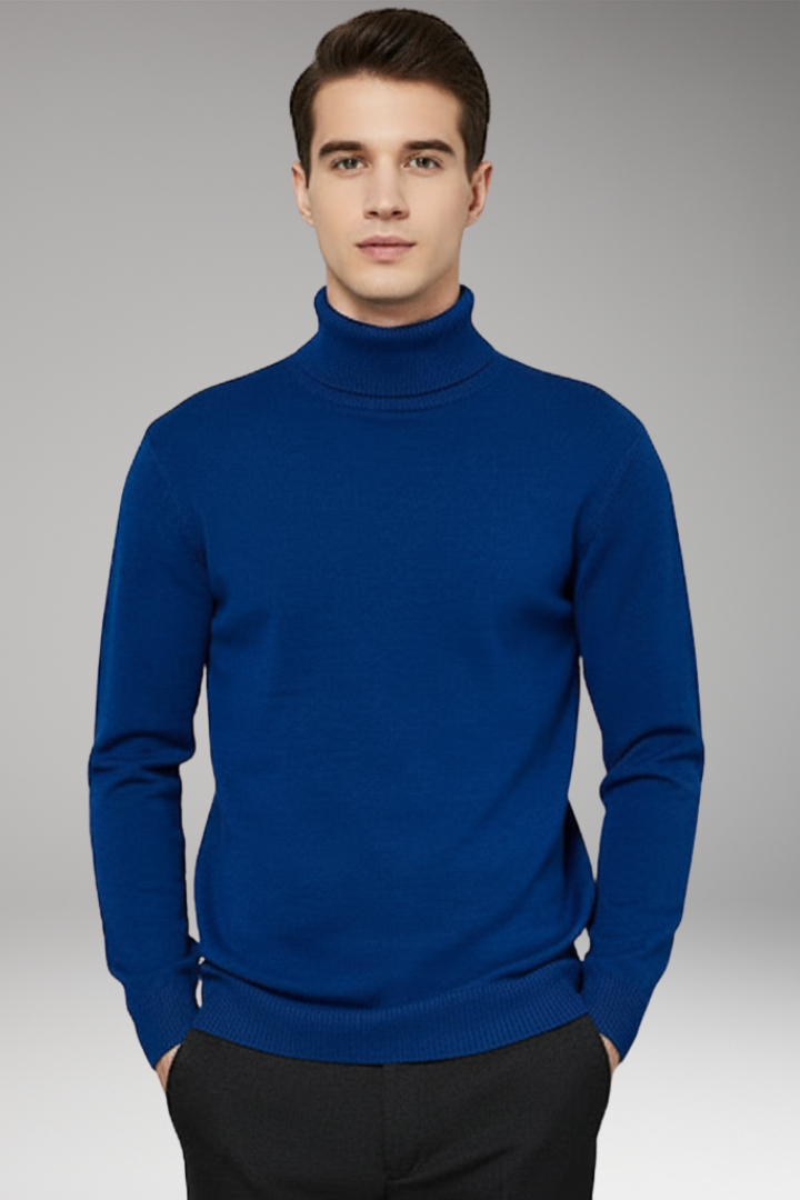 Men's Turtleneck Sweater with Ribbed Edges and Plain Surface