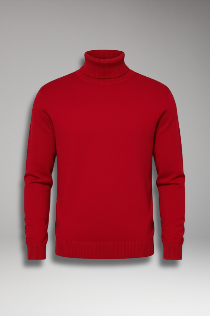 Men's Turtleneck Sweater with Ribbed Edges and Plain Surface