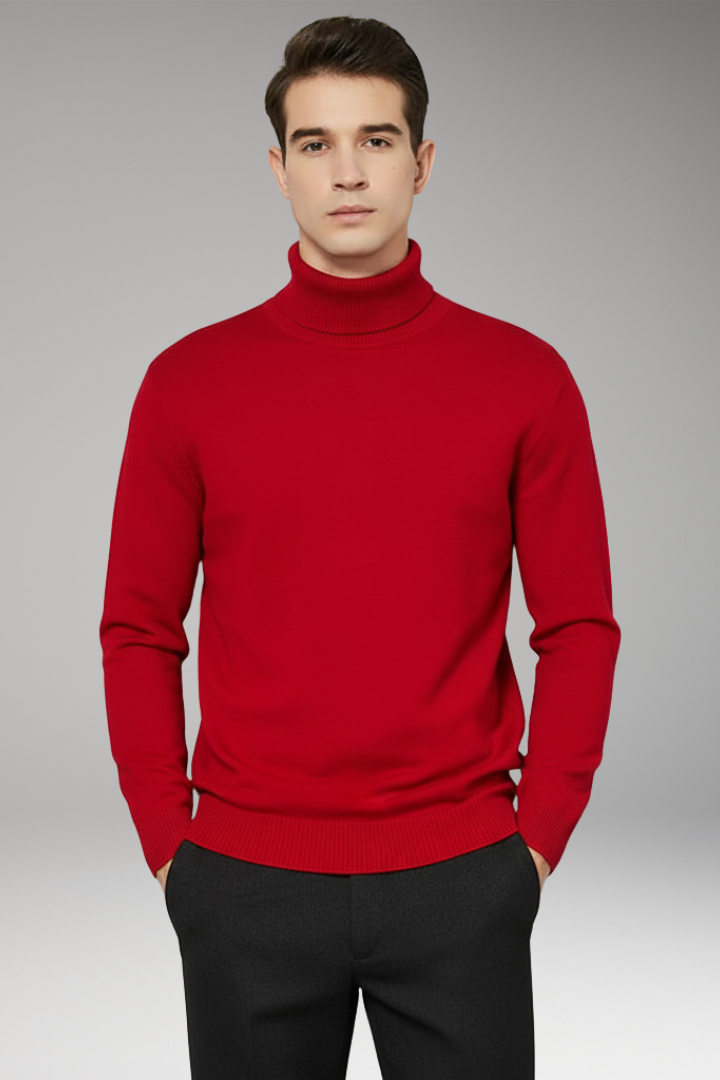 Men's Turtleneck Sweater with Ribbed Edges and Plain Surface