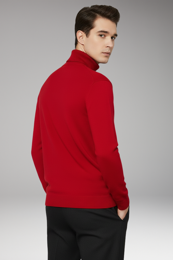 Men's Turtleneck Sweater with Ribbed Edges and Plain Surface