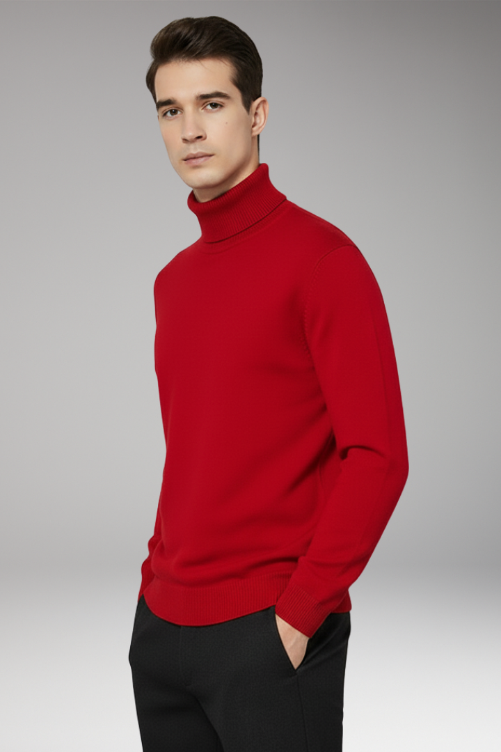 Men's Turtleneck Sweater with Ribbed Edges and Plain Surface