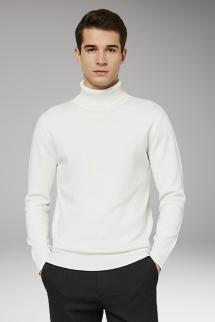 Men's Turtleneck Sweater with Ribbed Edges and Plain Surface
