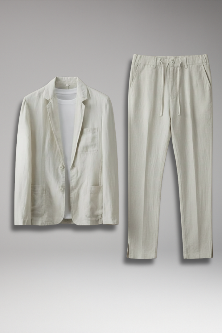 Men's Two-Piece Set with Button Blazer and Elastic Trousers
