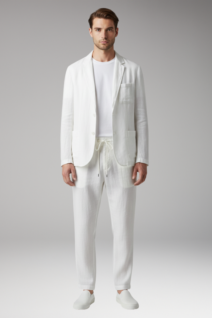 Men's Two-Piece Set with Button Blazer and Elastic Trousers