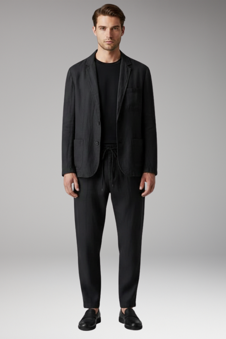 Men's Two-Piece Set with Button Blazer and Elastic Trousers