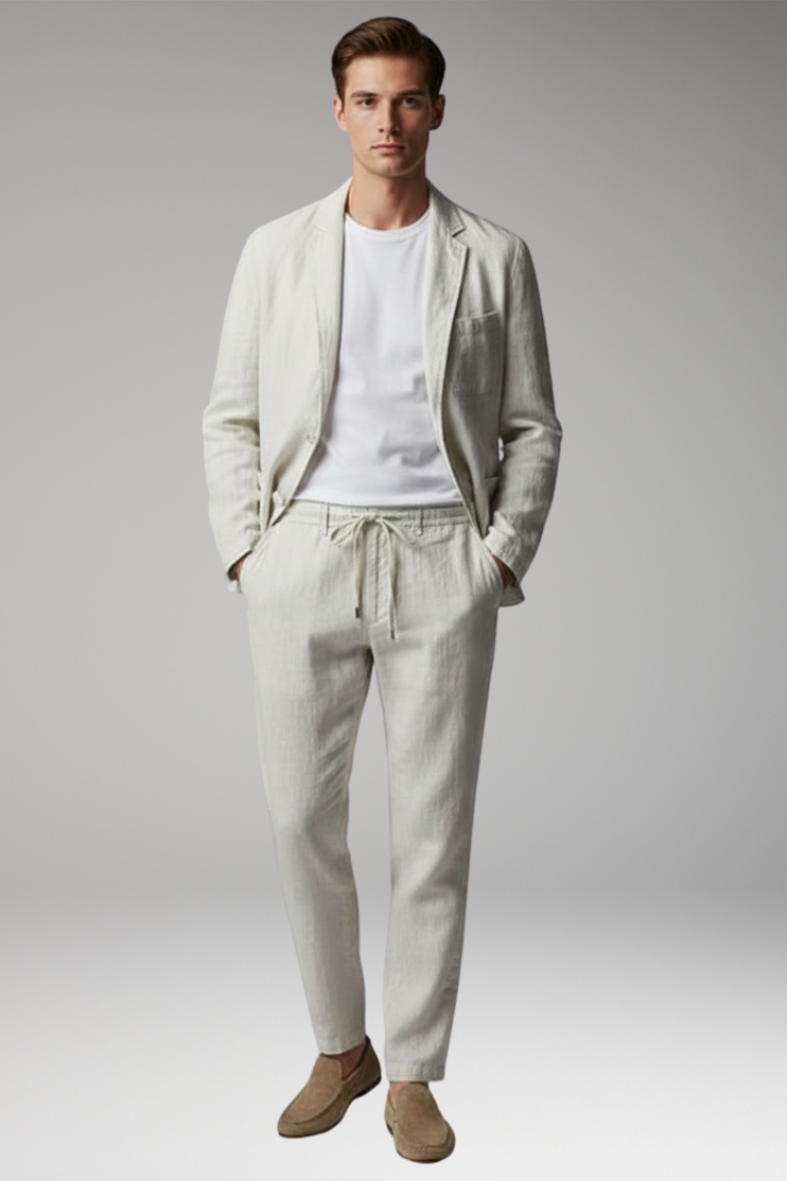 Men's Two-Piece Set with Button Blazer and Elastic Trousers