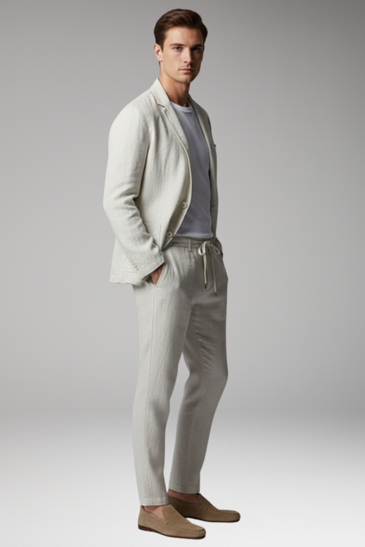 Men's Two-Piece Set with Button Blazer and Elastic Trousers