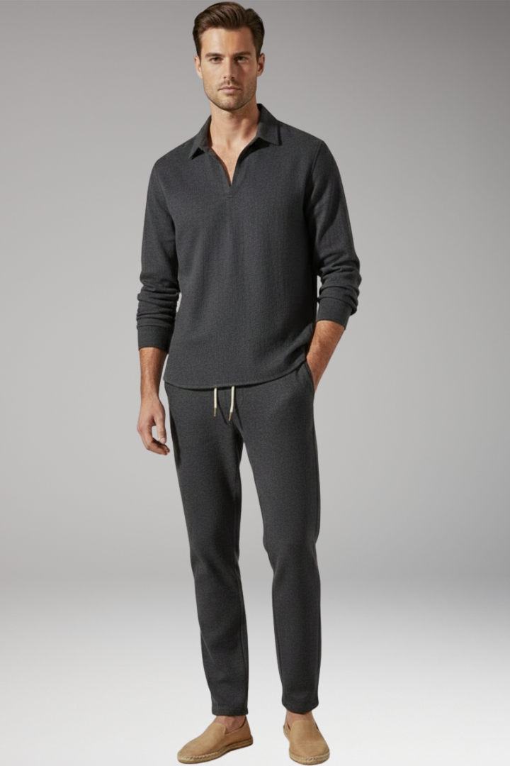 Men's Two-Piece Set with Long Sleeve Shirt and Drawstring Pants