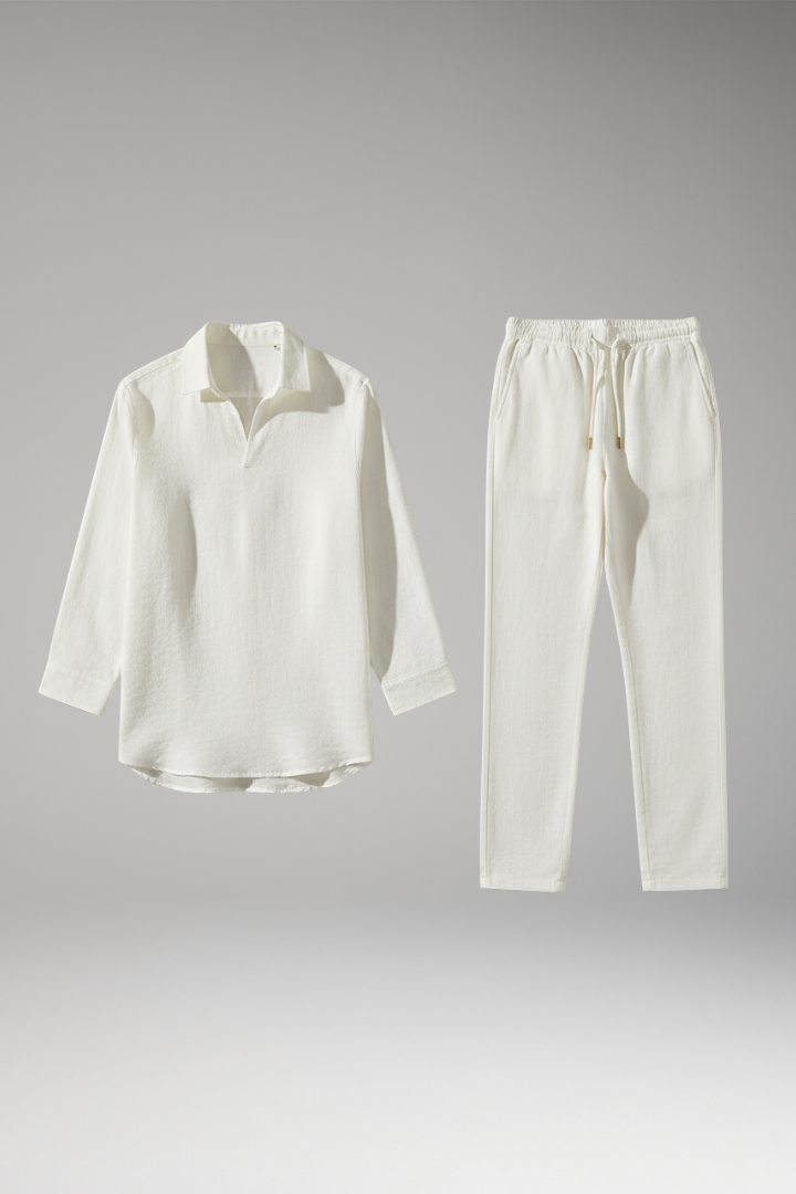 Men's Two-Piece Set with Long Sleeve Shirt and Drawstring Pants