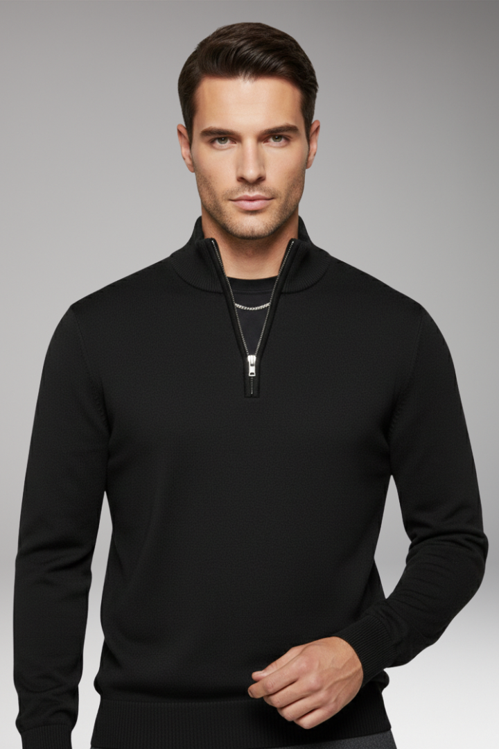 Men's Zip-Neck Sweater with Ribbed Edges