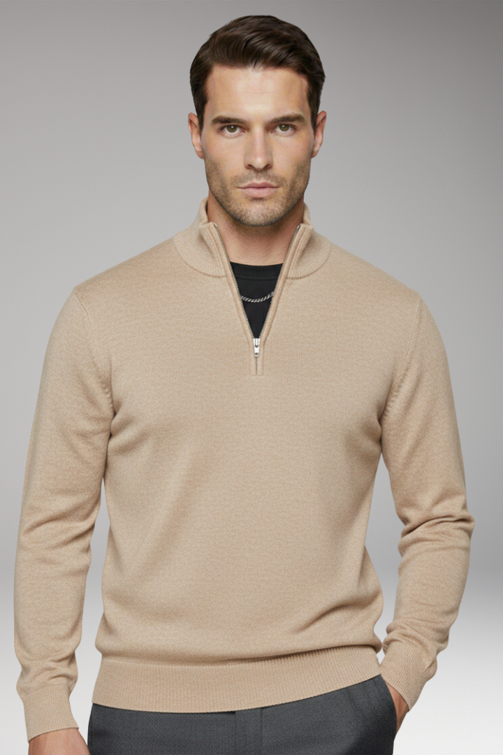 Men's Zip-Neck Sweater with Ribbed Edges