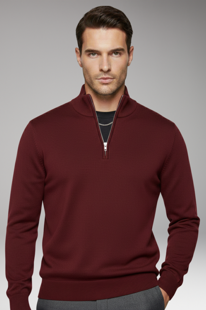 Men's Zip-Neck Sweater with Ribbed Edges