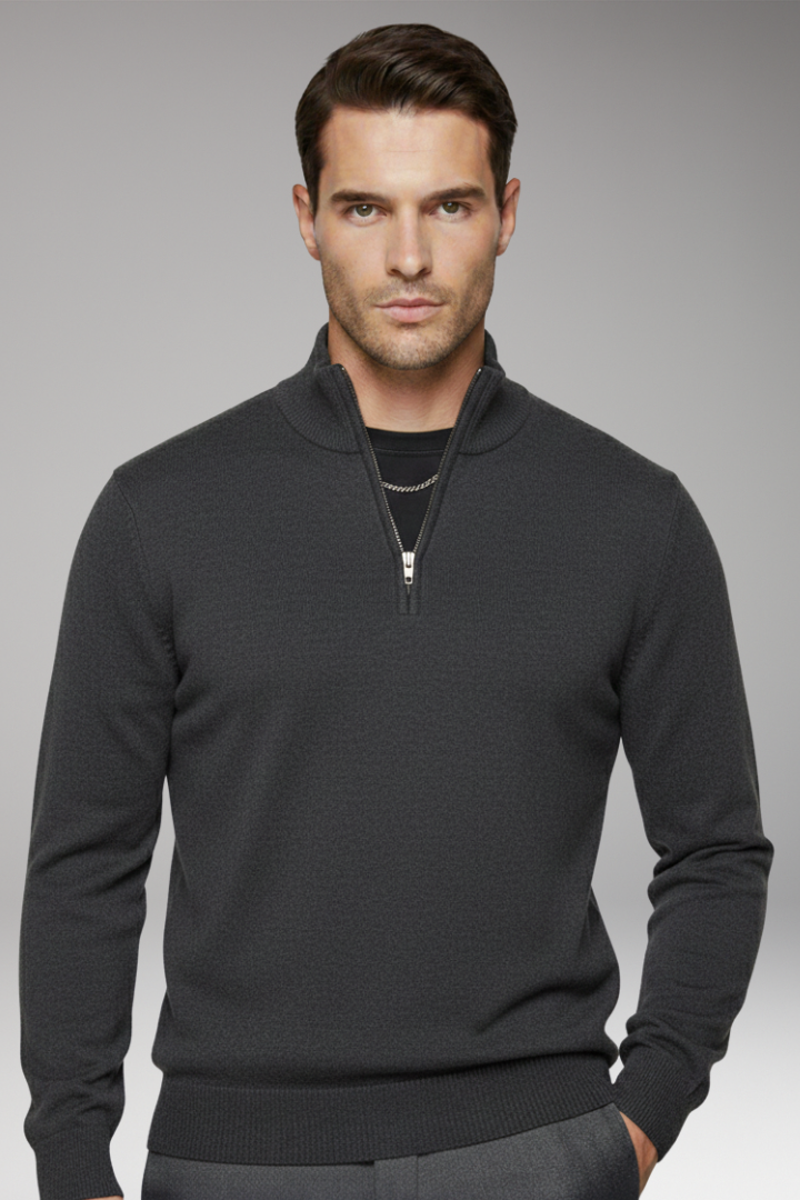 Men's Zip-Neck Sweater with Ribbed Edges