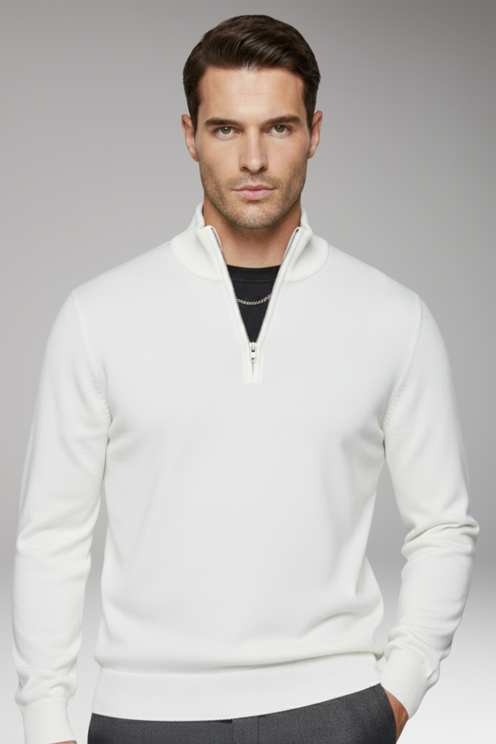 Men's Zip-Neck Sweater with Ribbed Edges
