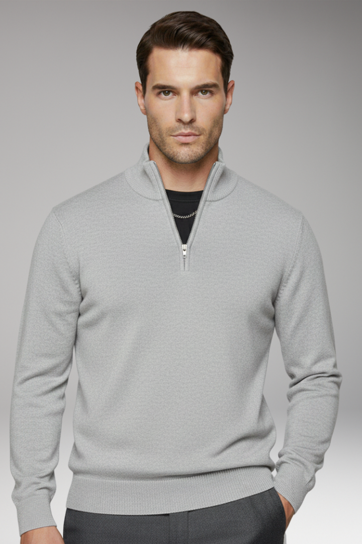 Men's Zip-Neck Sweater with Ribbed Edges
