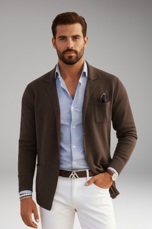 Men's Blazer with Lapel Collar and Single-Row Front Closure
