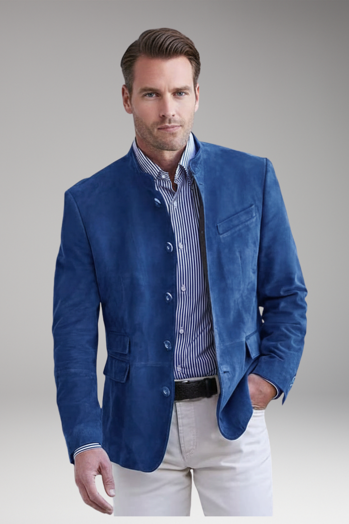 Men's Blazer with Stand Collar and Multiple Pockets