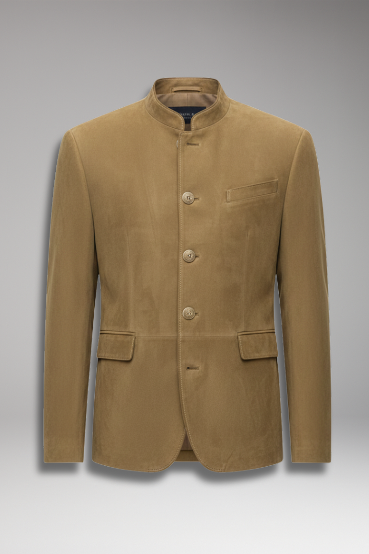 Men's Blazer with Stand Collar and Multiple Pockets