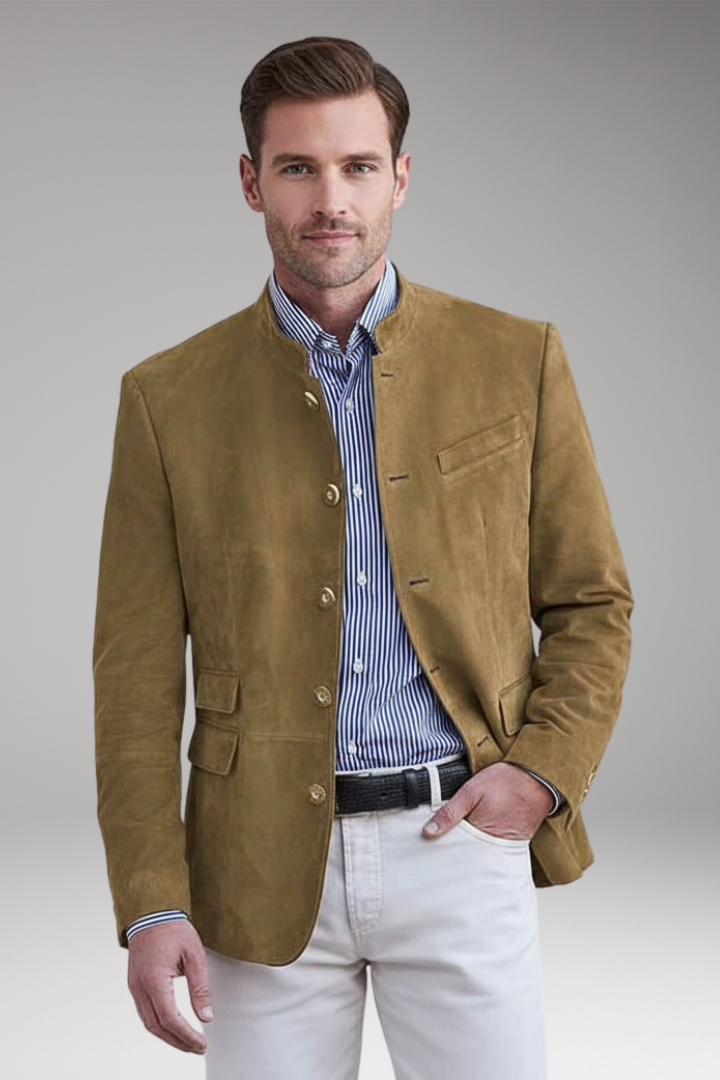 Men's Blazer with Stand Collar and Multiple Pockets