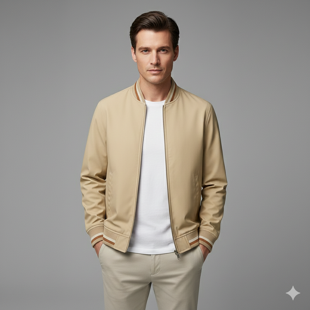 Men's Bomber Jacket with Zip Closure and Ribbed Trim