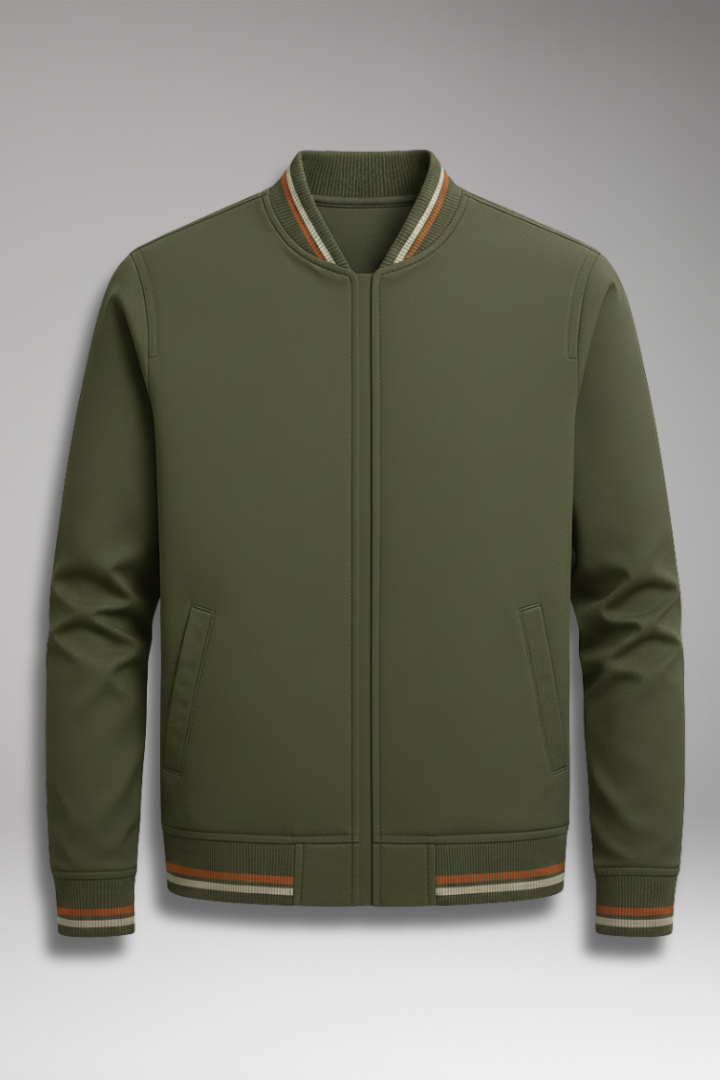 Men's Bomber Jacket with Zip Closure and Ribbed Trim
