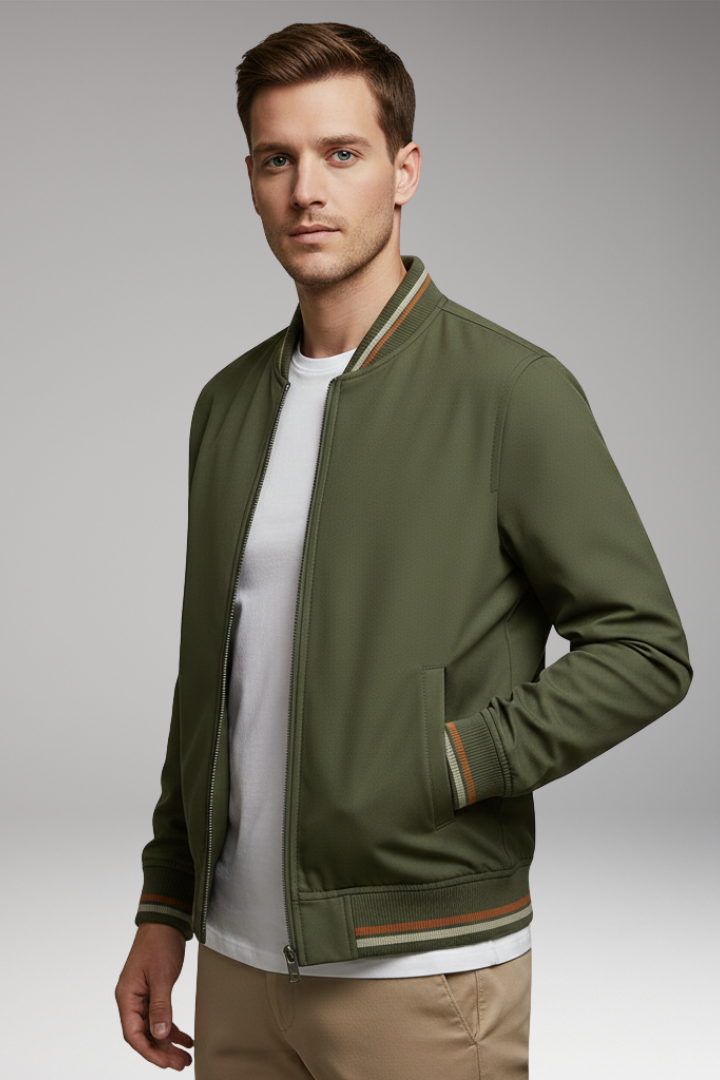 Men's Bomber Jacket with Zip Closure and Ribbed Trim