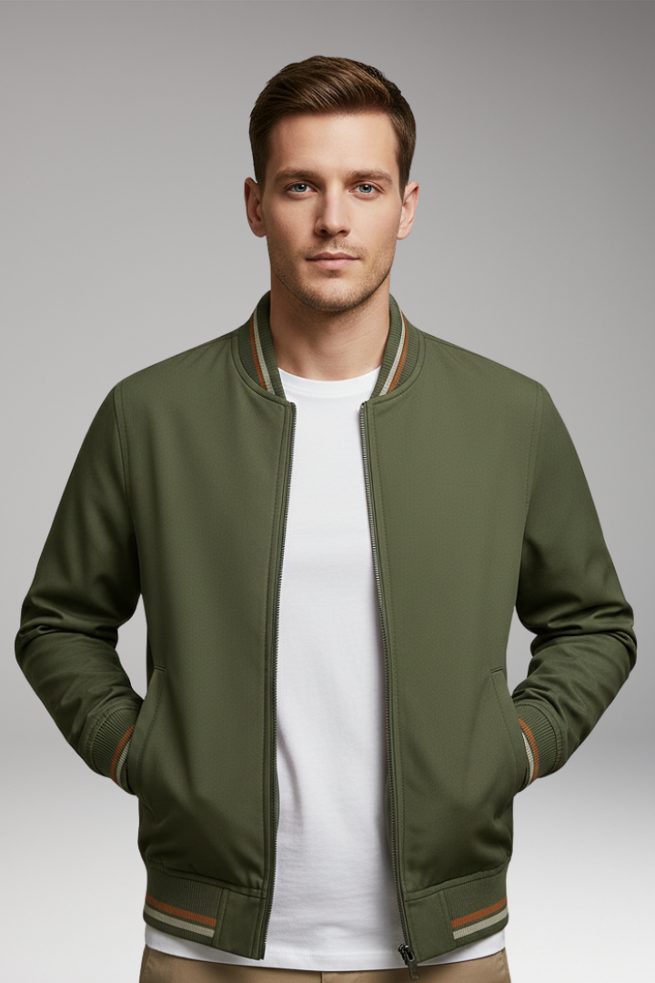Men's Bomber Jacket with Zip Closure and Ribbed Trim