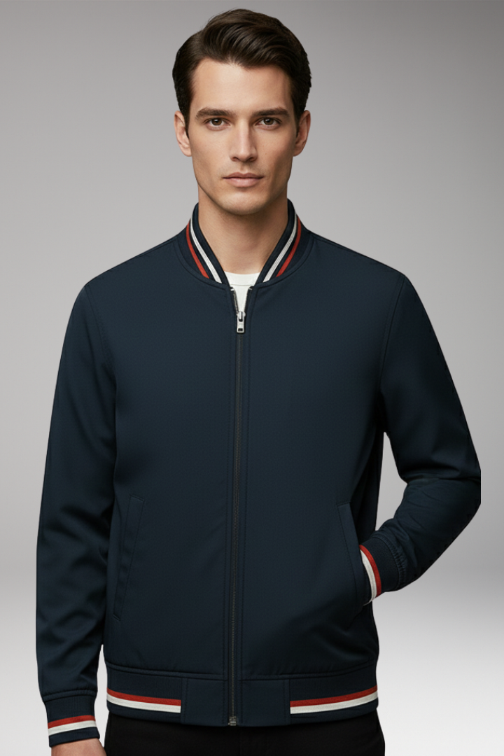 Men's Bomber Jacket with Zip Closure and Ribbed Trim