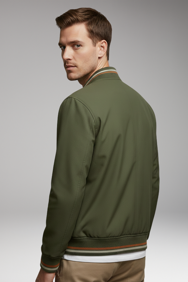 Men's Bomber Jacket with Zip Closure and Ribbed Trim
