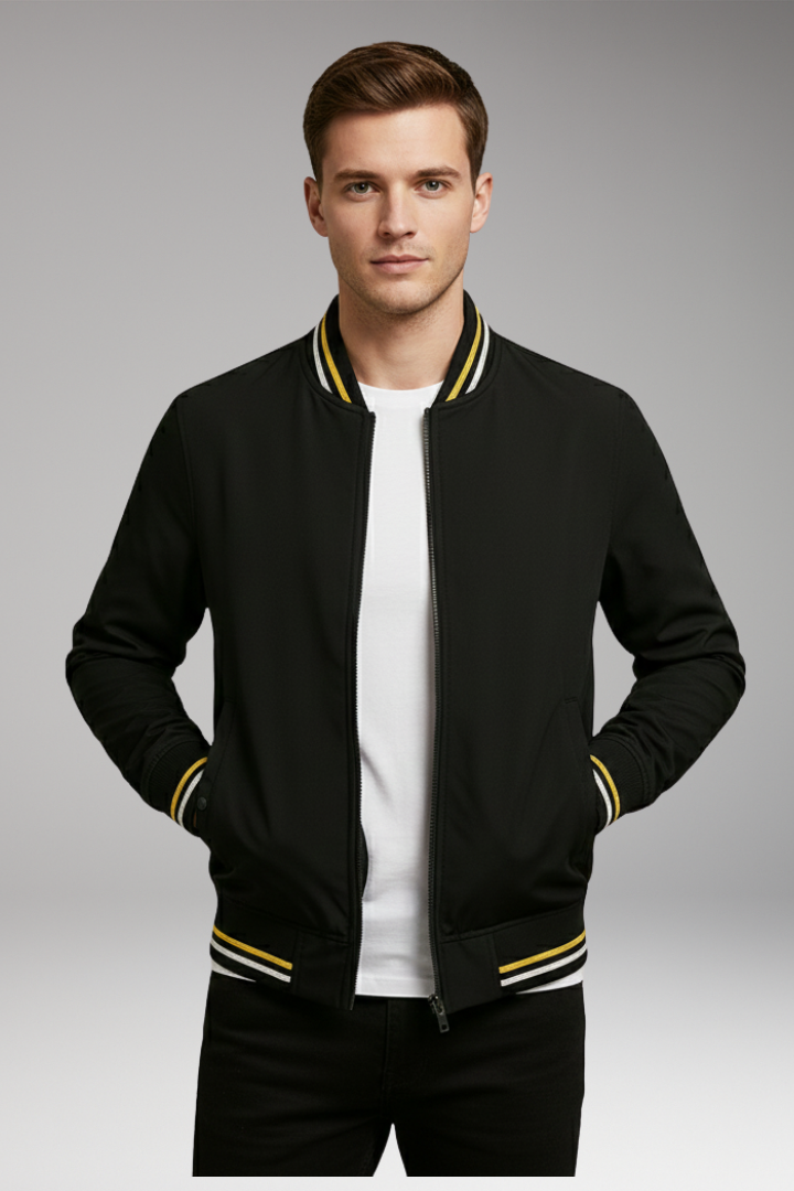 Men's Bomber Jacket with Zip Closure and Ribbed Trim