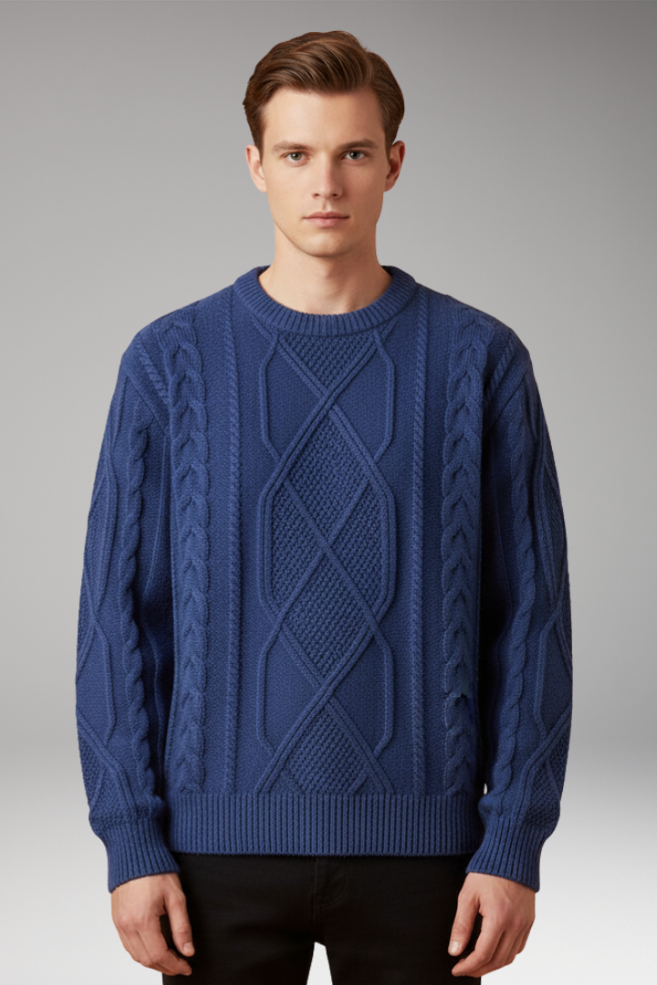 Men's Cable Knit Sweater with Textured Pattern and Ribbed Edges
