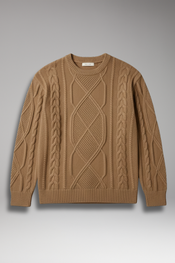 Men's Cable Knit Sweater with Textured Pattern and Ribbed Edges