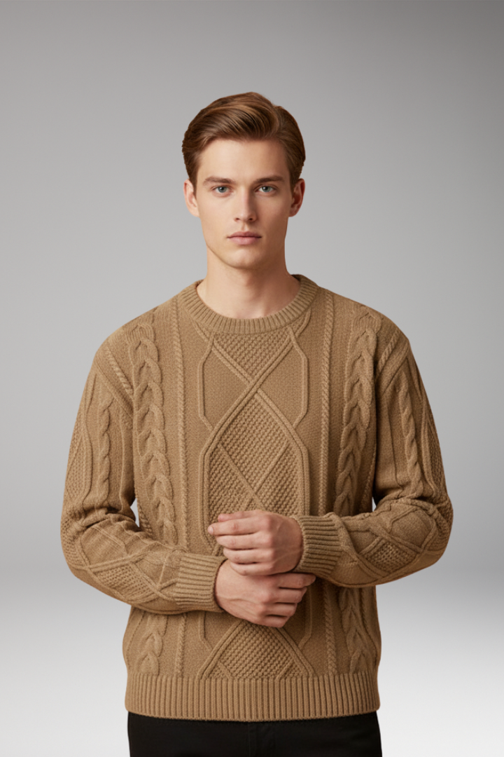 Men's Cable Knit Sweater with Textured Pattern and Ribbed Edges