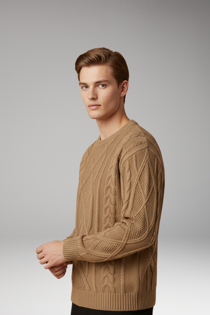 Men's Cable Knit Sweater with Textured Pattern and Ribbed Edges