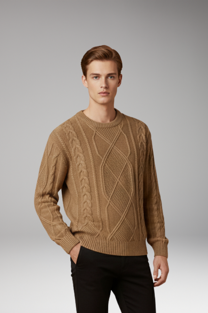 Men's Cable Knit Sweater with Textured Pattern and Ribbed Edges