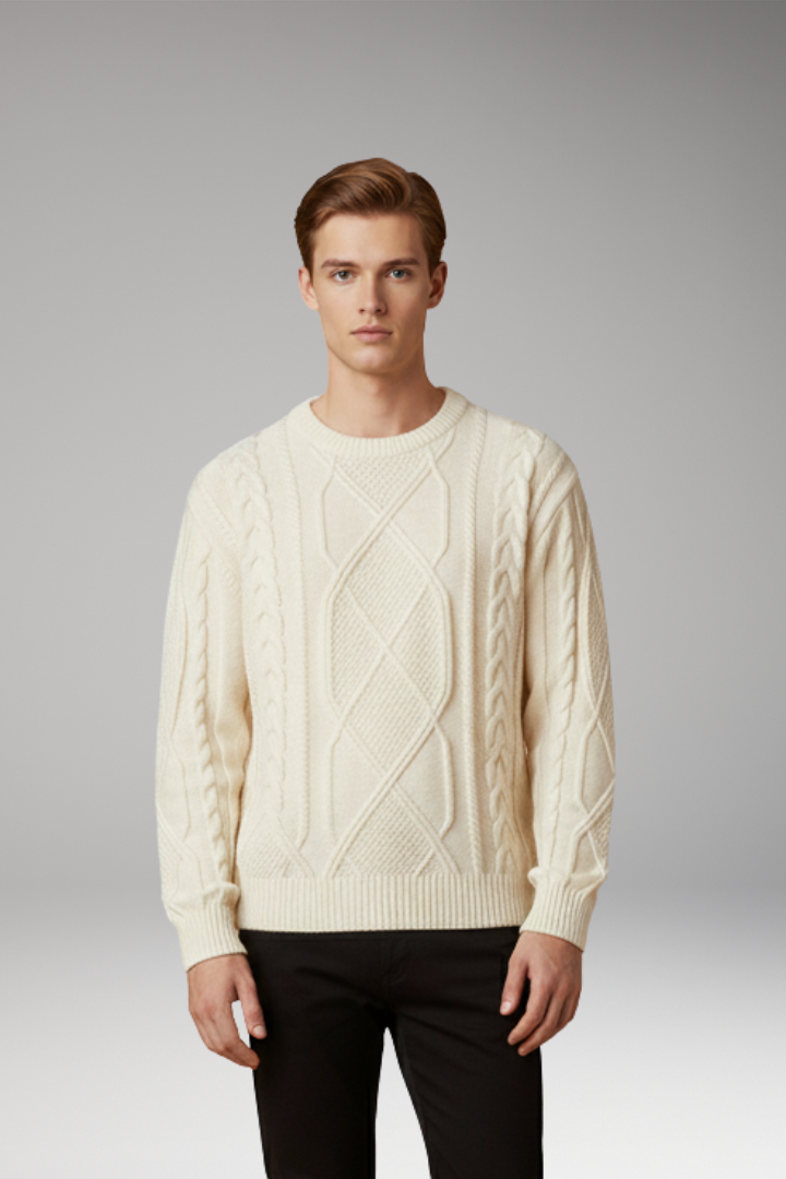 Men's Cable Knit Sweater with Textured Pattern and Ribbed Edges