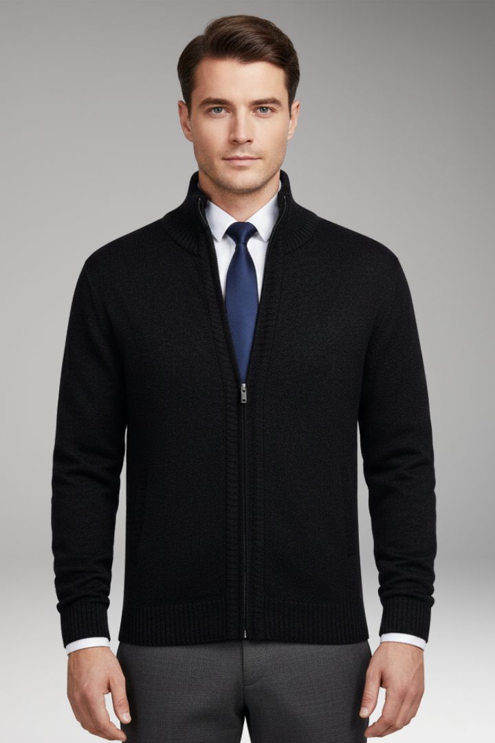 Men's Cardigan Sweater with Stand Collar and Button Closure