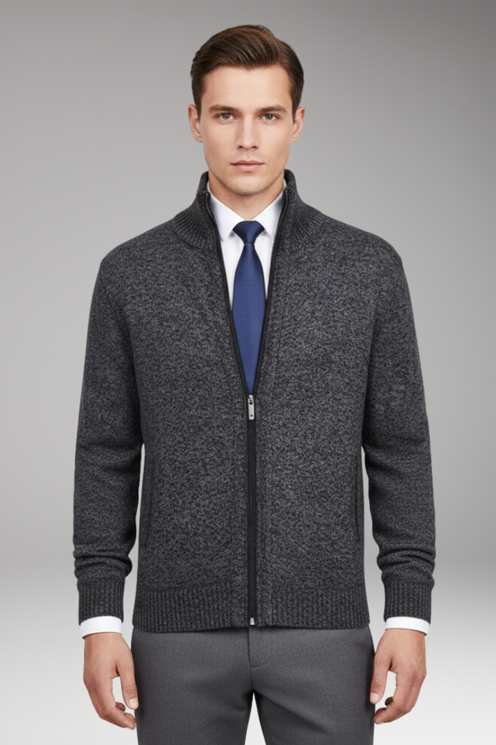 Men's Cardigan Sweater with Stand Collar and Button Closure