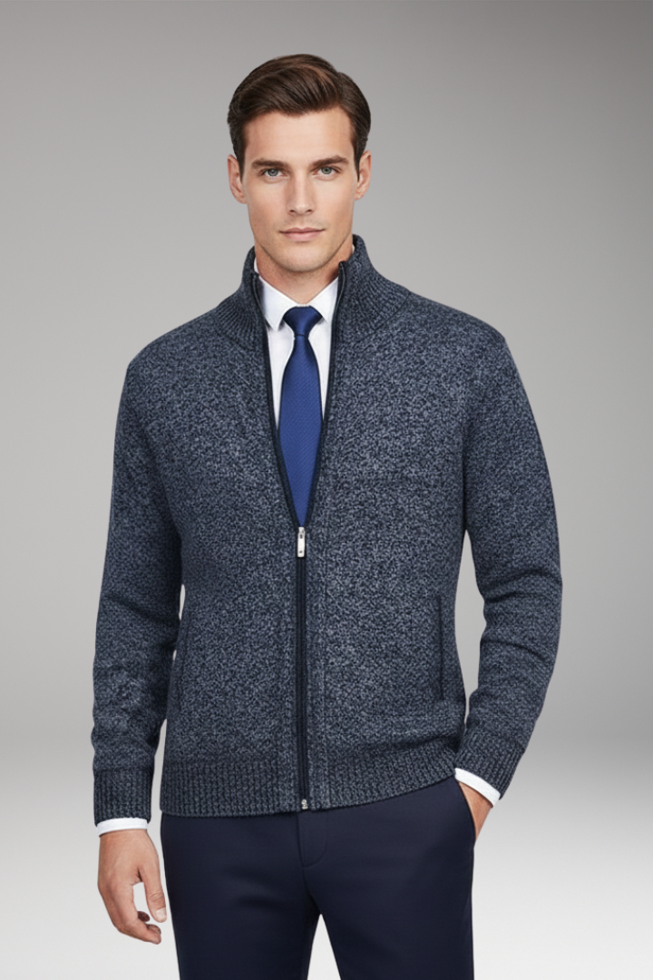 Men's Cardigan Sweater with Stand Collar and Button Closure