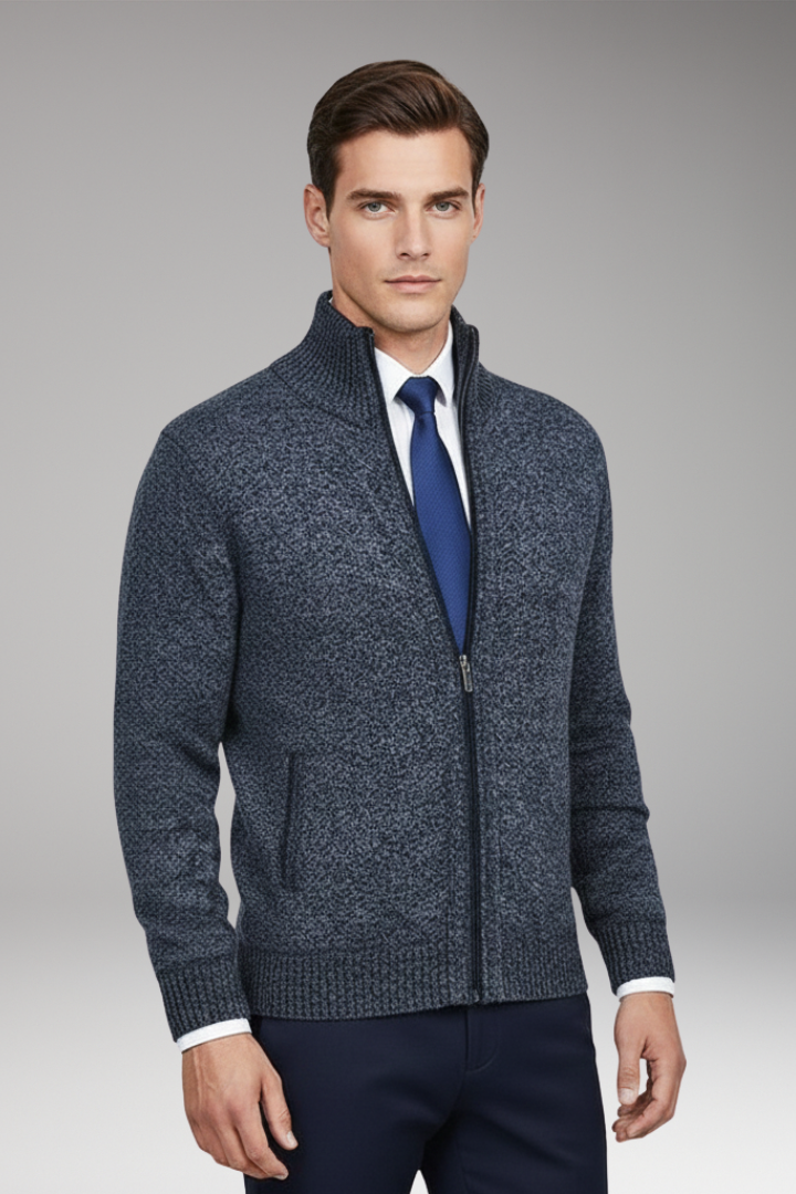 Men's Cardigan Sweater with Stand Collar and Button Closure