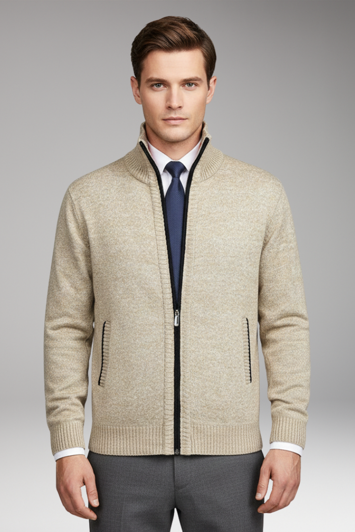 Men's Cardigan Sweater with Stand Collar and Button Closure