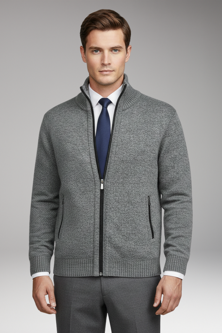 Men's Cardigan Sweater with Stand Collar and Button Closure